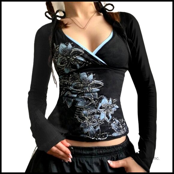 Tops - Y2K V Neck Floral Long Sleeve Top Fairy Grunge Vintage Emo Graphic Tee
